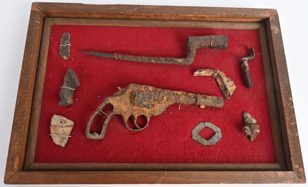 CIVIL WAR DUG ARTIFACTS PISTOL BAYONET ARTLLERY: Dug artifacts including a small frame top break pistol roughly a .32 caliber, bayonet and pieces of artillery shells.