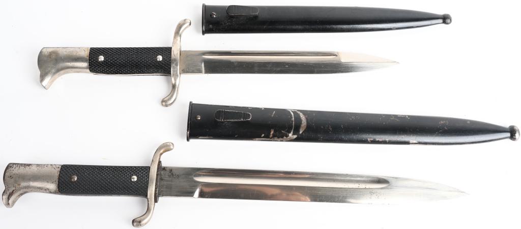 WWII NAZI GERMAN FIRE POLICE BAYONET SHORT & LONG: WWII Nazi German Fire Police Bayonet lot to include 1) WWII NAZI GERMAN SHORT FIRE POLICE BAYONET. Drop forged 8 inch long bright nickel/silver plated steel blade with wide fuller to each side. Blade 