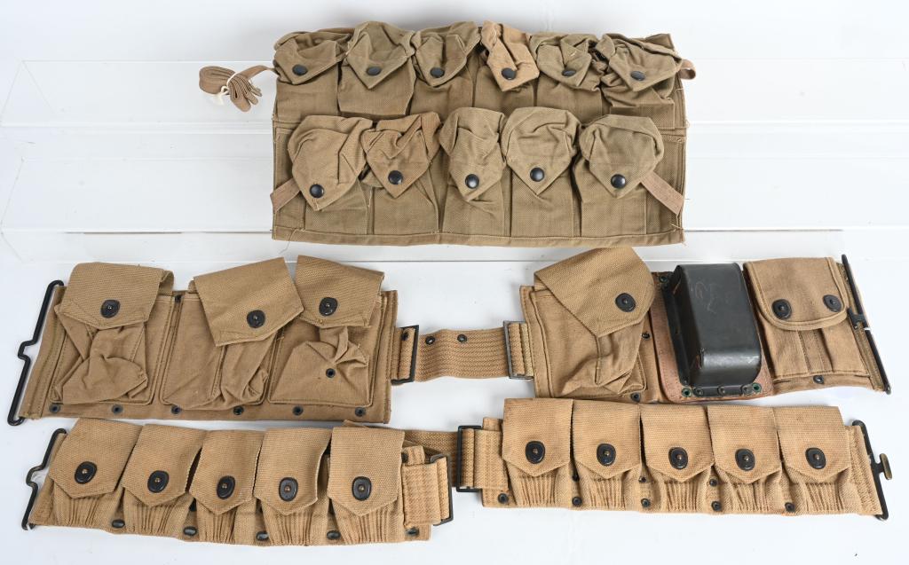 WWI US ARMY FIELD GEAR LOT BAR GRENADE BELT AMMO: WWI Field gear lot to include 1) WW1 US Army 11 Pouch Grenade Vest dated May 1918 By H. H. & Co. MINT. 2) Original WWI US Dismounted M1910 Cartridge Belt for the M1903 Springfield Rifle maker marked b