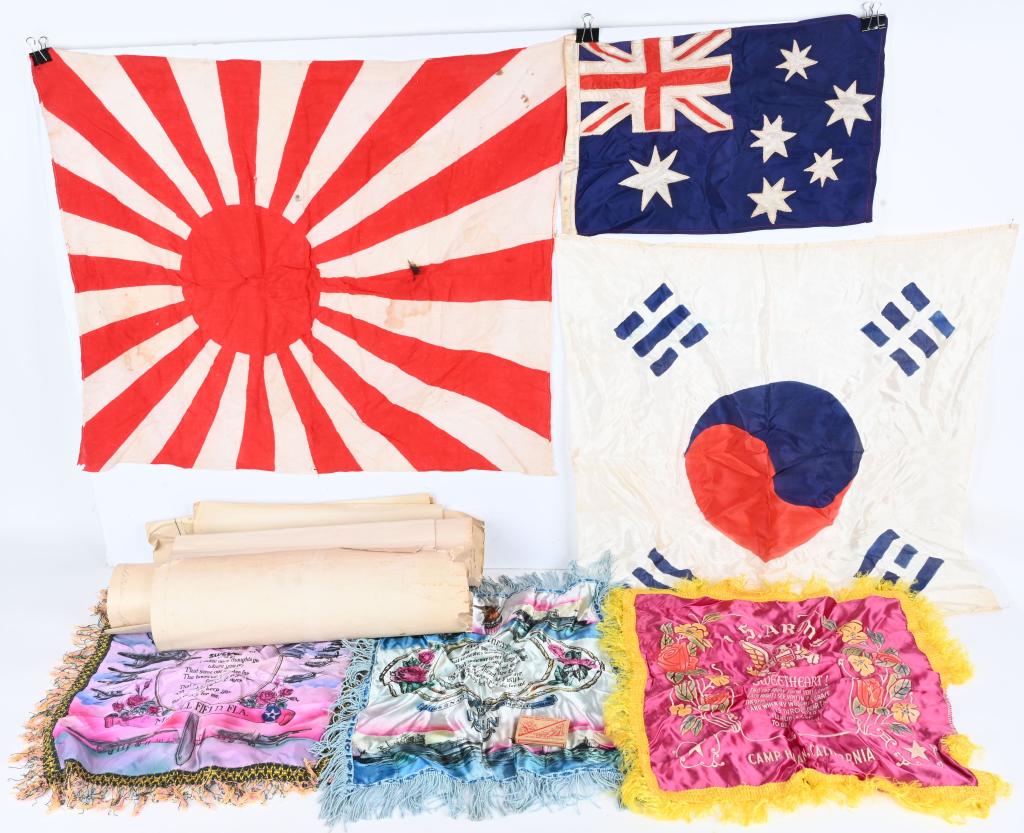 WWII US KOREAN JAPANESE LOT FLAGS MAPS PLUS WW2: WWII lot to include 1) Small, very well made Australian silk flag measuring 12 X 17 inches 2) US Army Air Corps silk pillow shame for MacDill Field 3) US Navy Pillow Shame titled Sweetheart 4) US Army