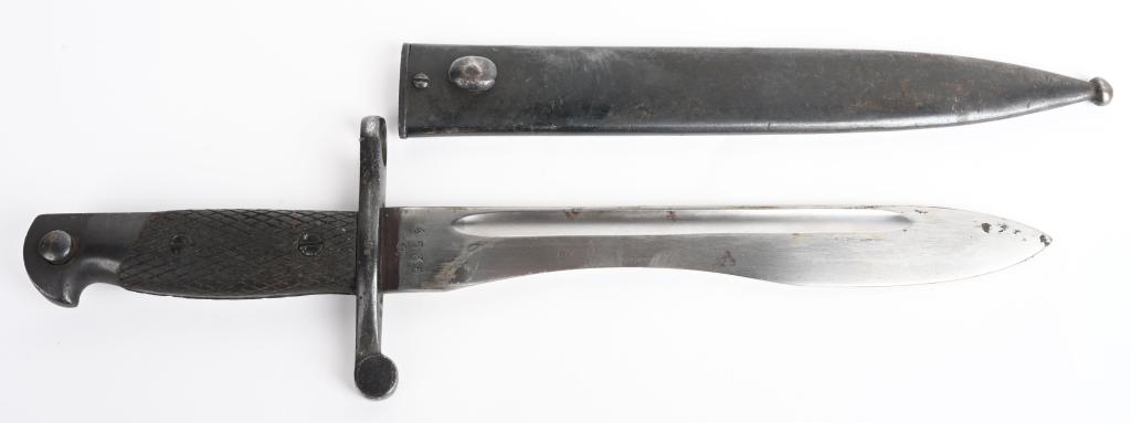 WWII M 41 SPANISH BOLO BAYONET W/ SCABBARD WW2: Numbered ricasso. 14.5" overall with a 9.5" blade. very good.
