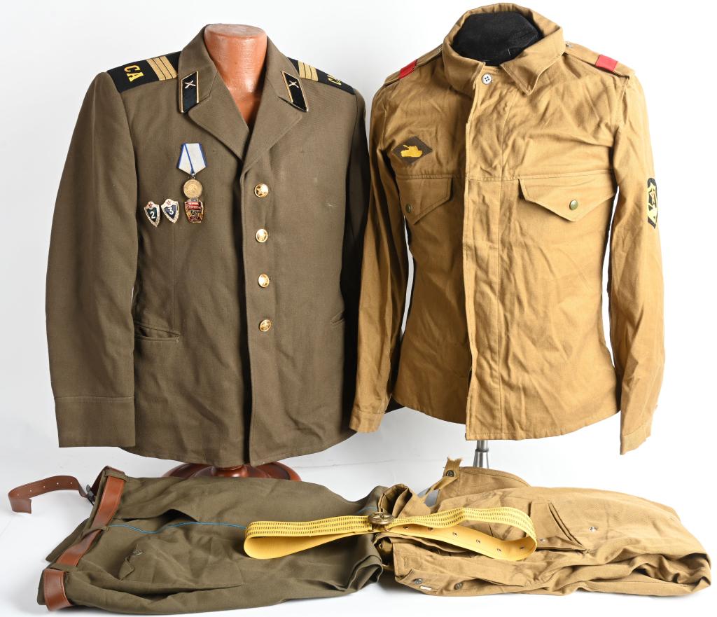 SOVIET UNIFORM GROUPING LOT W/ DRESS BELT TANKER: Soviet Union uniform grouping to include 1) Sergeant of the Soviet Union Army complete with tunic, trousers and dress belt with several medals to his chest. Roughly a size 40 in excellent condition. 2