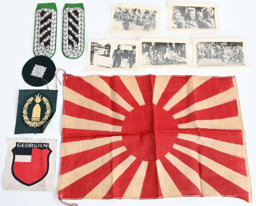 WW2 NAZI & JAPANESE LOT OF MILITARIA FLAG INSIGNIA: WWII Japanese and German militaria to include 1) (IJN) BAYONET SIZE RISING SUN WAR FLAG. A silk smaller sized constructed, printed flag measuring approximately 7 1/2 X 11 1/2. Nice untouched example w