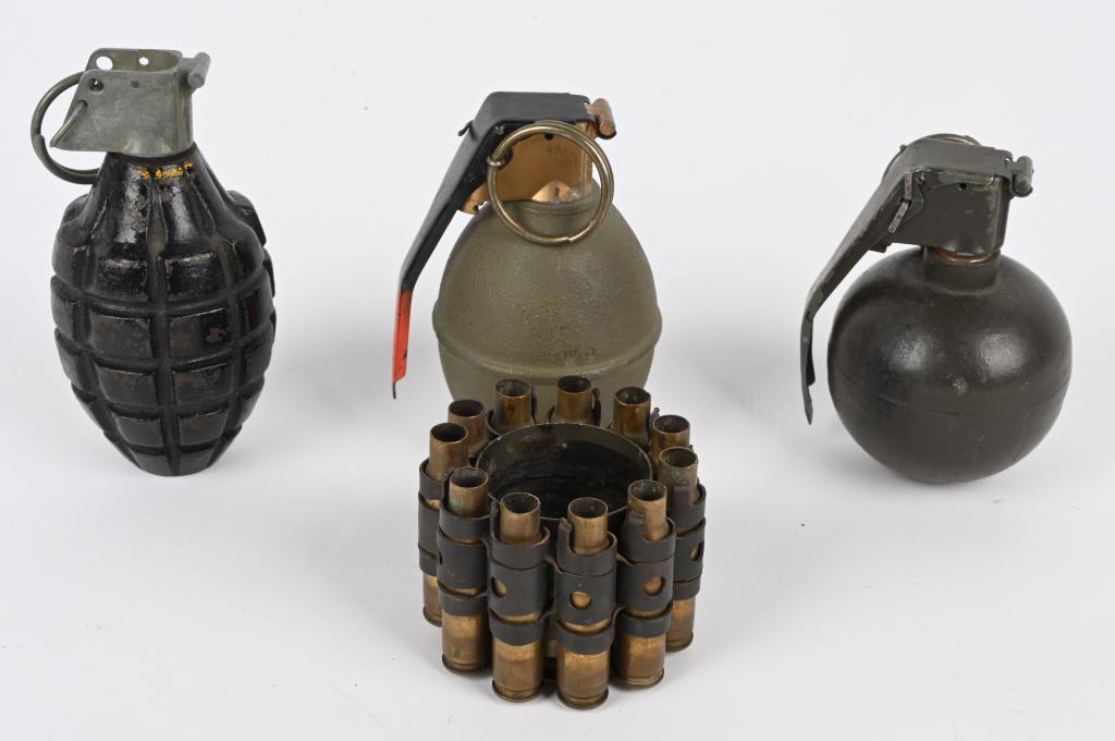 3 INERT HAND GRENADES + VIETNAM SHELL ART ASHTRAY: Lot of 3 inert hand grenades. 3 different syles of fragmentation / practice grenades colloquially referred to as the "Pineapple," the "Lemon," and the "Baseball." Lemon and baseball have hollow bodies