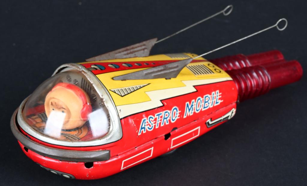 MARUBISHI TIN FRICTION ASTRO MOBILE: Marubishi tin friction Astro Mobile. Made in Japan. All original and complete. Friction not working. 8 1/4" Excellent