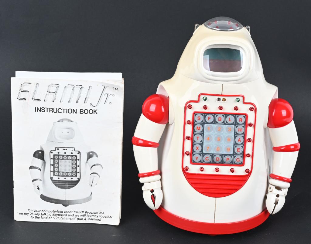ROBOTLAND BATTERY OP ELAMI JR ROBOT: Robotland battery operated Elami Jr Robot. Made in Hong Kong. All original and complete. Great interactive Robot. All functions worked when tested. Comes with instruction book. 12" Excellent