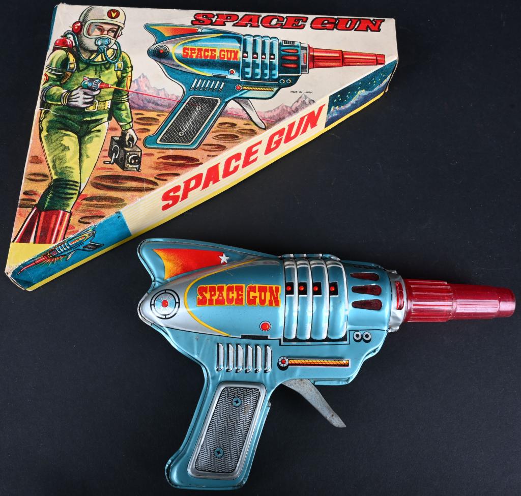 JAPAN TIN FRICTION SPACE GUN w/ BOX: Japan tin friction Space Gun. All original and complete. Worked when tested. With colorful original box. 12" Excellent