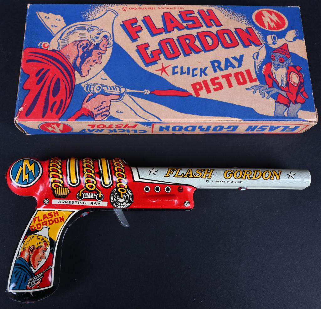 MARX FLASH GORDON CLICKER GUN w/ BOX: Marx Flash Gordon Clicker Gun. Made in the USA. All original with nice colors and graphics. With original box. 10" Excellent