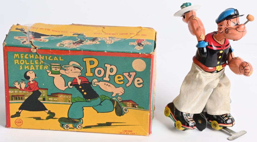 LINEMAR TIN WINDUP POPEYE ROLLER SKATER w/ BOX (1 of 9)