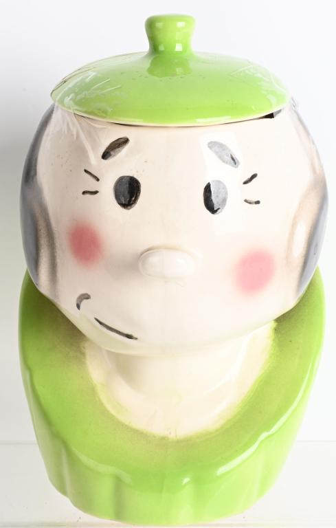 AMERIAN BISQUE OILIVE OYL COOKIE JAR: American Bisque Olive Oyl Cookie Jar. Jar is in great shape with no cracks. Hat lid is cracked and repaired. Displays well. 9 1/2" Very Good-Excellent