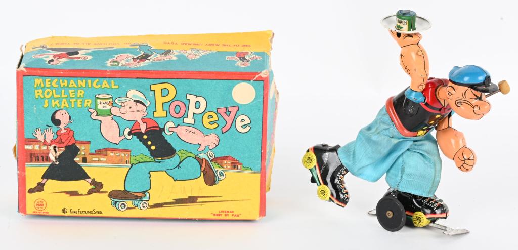 LINEMAR TIN WINDUP POPEYE ROLLER SKATER w/ BOX (1 of 7)