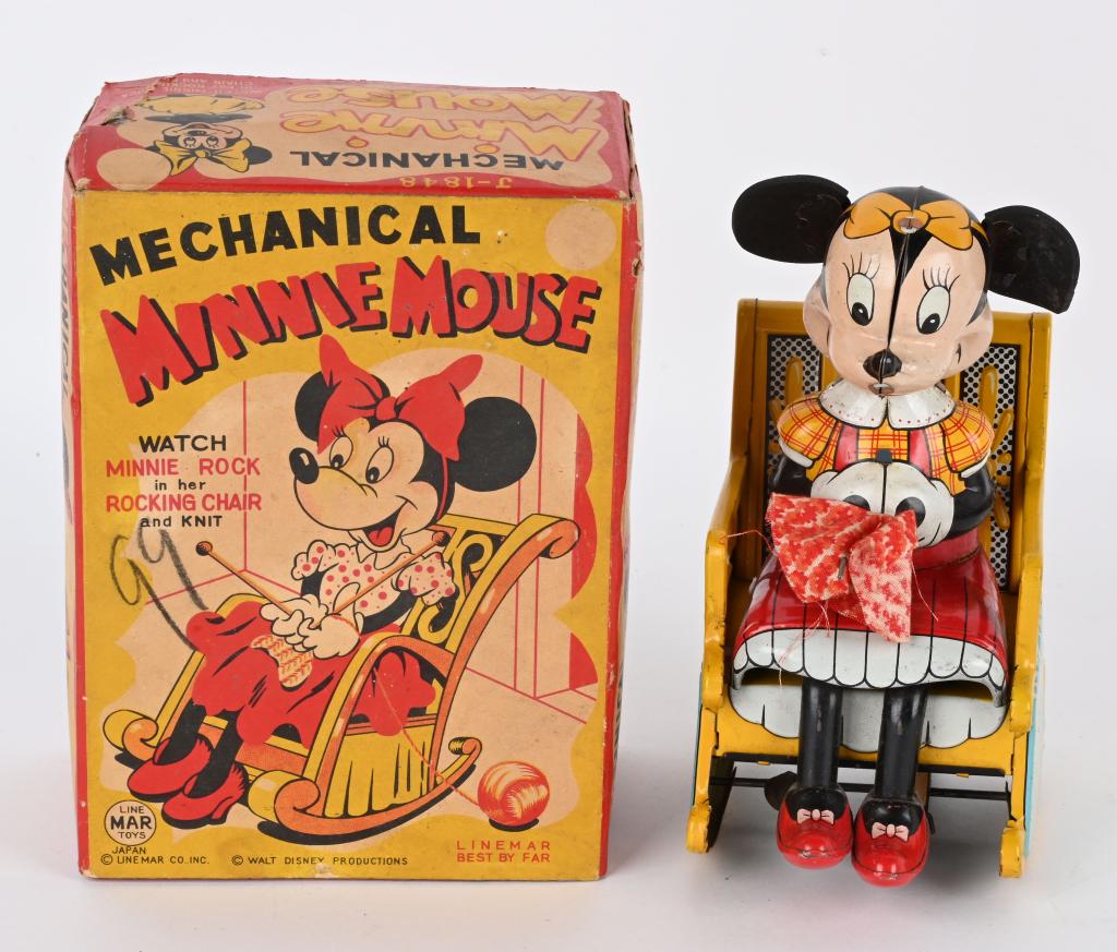 LINEMAR TIN WINDUP MINNIE MOUSE KNITTER w/ BOX (1 of 8)