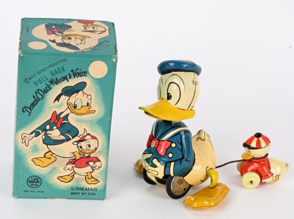 LINEMAR TIN WINDUP DONALD DUCK & HUEY w/ BOX (1 of 8)