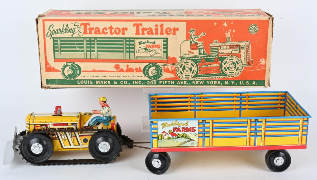 MARX TIN WINDUP SPARKLING TRACTOR & TRAILER SET (1 of 9)