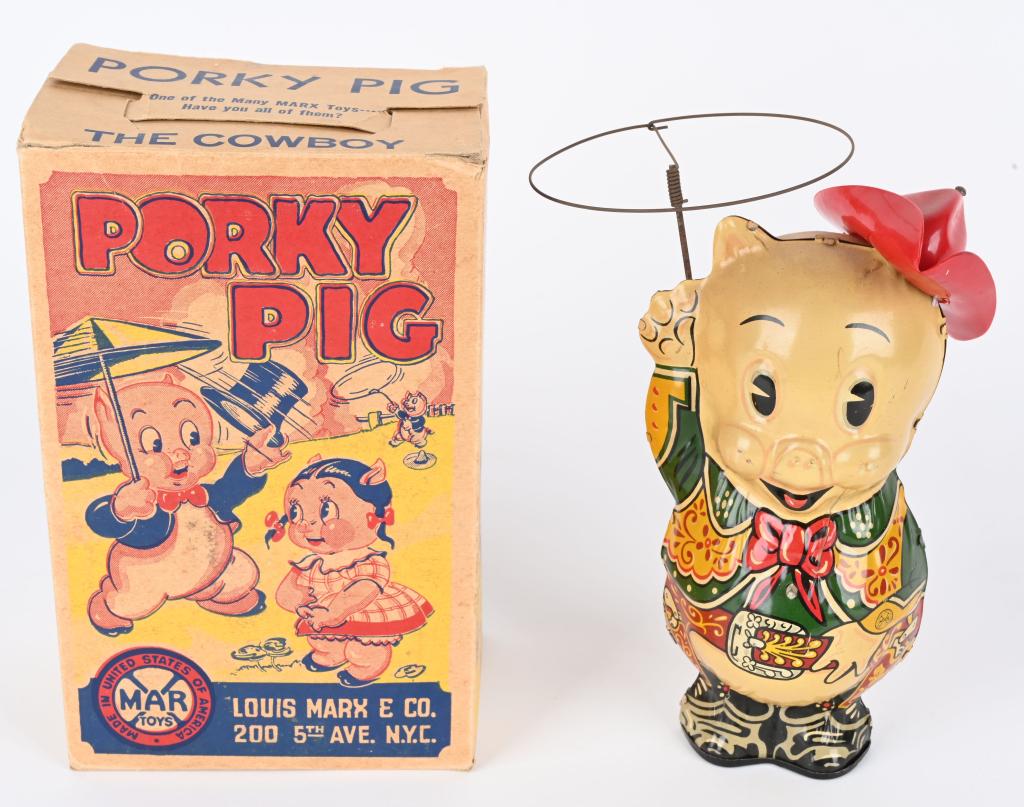 MARX TIN WINDUP PORKY PIG COWBOY w/ BOX (1 of 9)