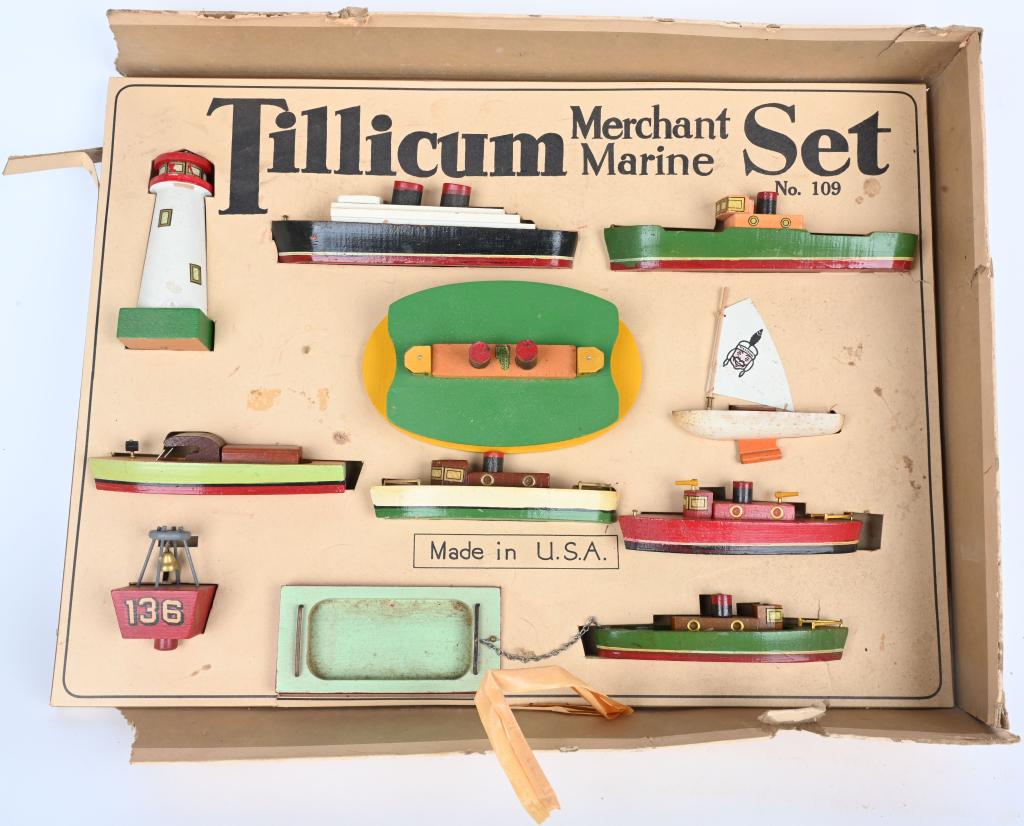 TILLICUM MERCHANT MARINE SET #109 w/ BOX: Tillicum Merchant Marine Set #109. 11 Piece set includes wooden Ferry Boat, Ships, Sail Boat, Light House, and More. Look never played with. Comes with partial box. 22" Excellent