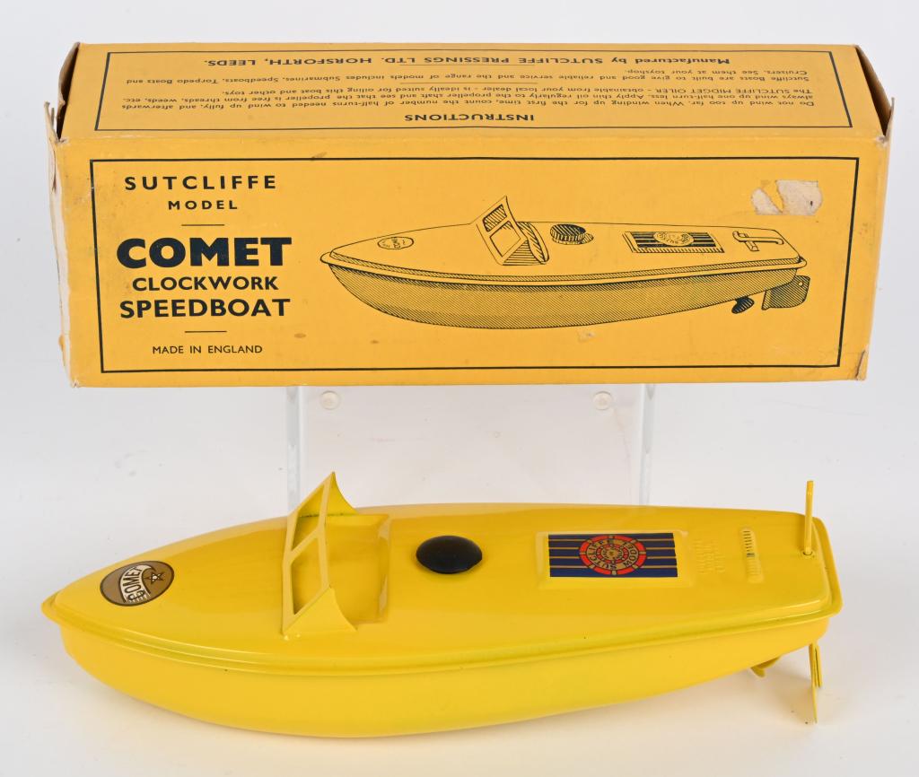 SUTCLIFFE TIN WINDUP COMET SPEED BOAT w/ BOX (1 of 8)