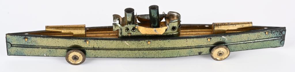 GERMAN NAVY GUN SHIP PENNY TOY: Nice original German Penny Toy Navy Gun Ship with embossed lithographed tin. 9 1/2" Excellent