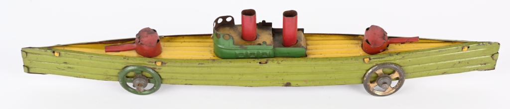 GERMAN NAVY GUN SHIP PENNY TOY: Nice original German Penny Toy Navy Gun Ship with embossed lithographed tin. 9 1/2" Excellent