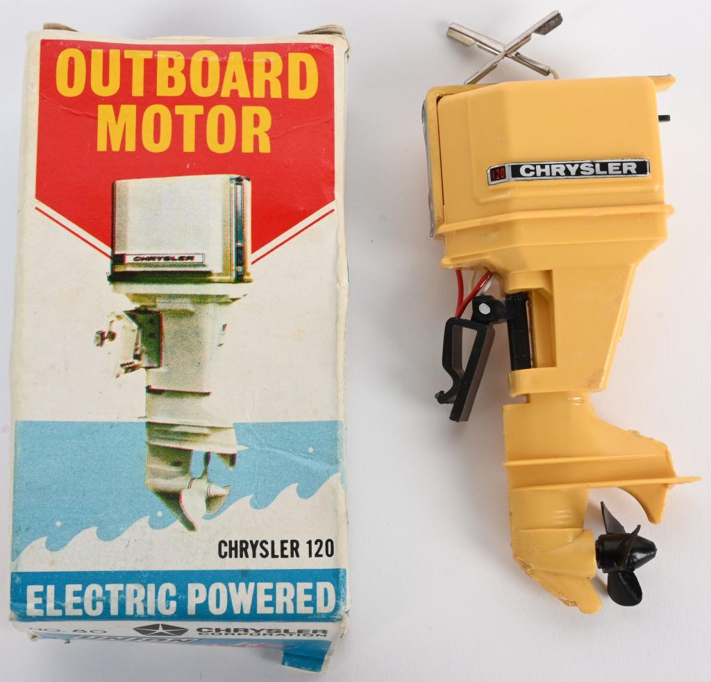 UNION CRAFT #80 CHRYSLER 120 OUTBOARD MOTOR w/ BOX: Union Craft #80 Chrysler Marine 120 Electric Outboard Motor. Made in Japan. New Old Stock. Boxed 4" Excellent