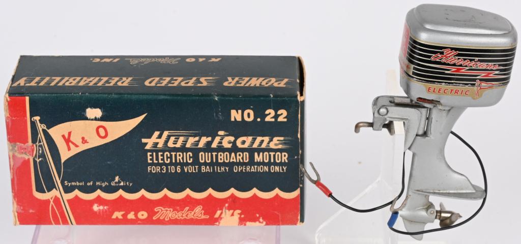 K&O #22 HURRICANE OUTBOARD MOTOR w/ BOX: K&O #22 Hurricane 3-6 Volt Electric Outboard Motor. New Old Stock. Boxed with Papers. 5" Excellent
