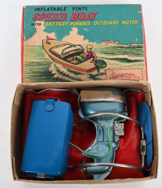 BATTERY OP INFLATABLE SPEED BOAT & MOTOR w/ BOX: Cragstan battery operated Inflatable Speed Boat with Outboard Motor. Never played with. Very unusual toy. Boxed 5" Excellent