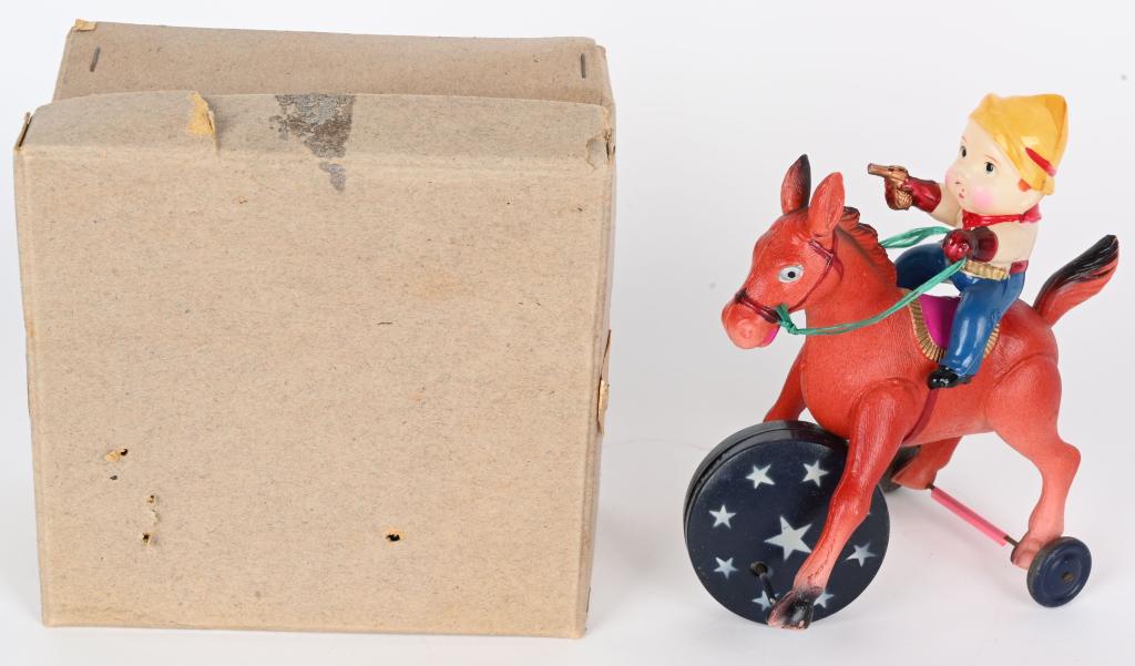 OCCUPIED JAPAN CELLULOID COWBOY ON HORSE w/ BOX (1 of 5)