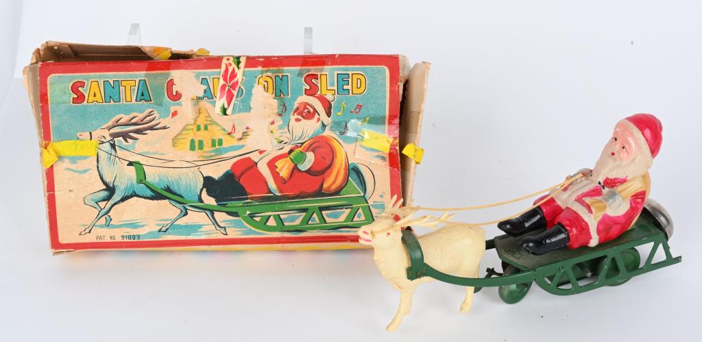 JAPAN CELLULOID WINDUP SANTA CLAUS SLED w/ BOX (1 of 7)