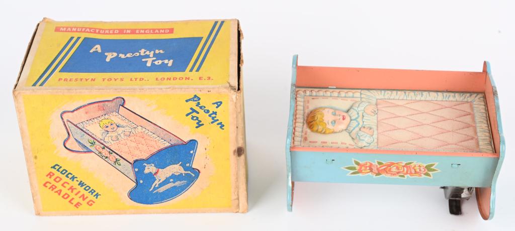 ENGLISH TIN WINDUP ROCKING BABY CRADLE w/ BOX (1 of 6)