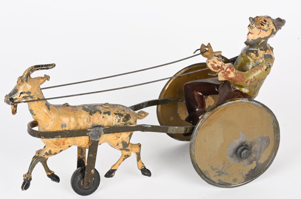 GERMAN HAND PAINTED TIN WINDUP CLOWN & GOAT CART (1 of 5)