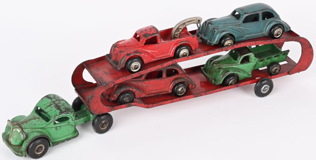 ARCADE CAR IRON AUTO TRANSPORT w/ 4 CARS (1 of 6)