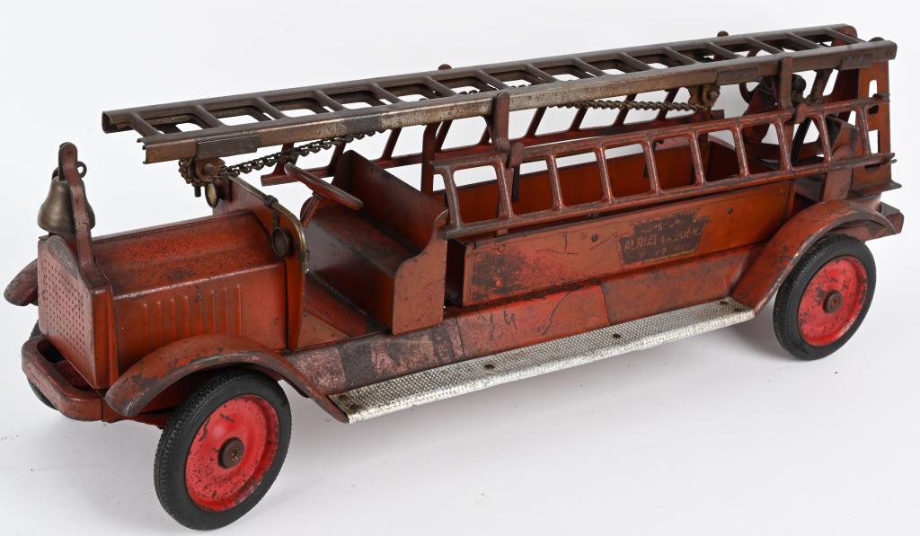 KEYSTONE PRESSED STEEL AERIAL LADDER FIRE TRUCK: Nice original Keystone Packard Aerial Ladder Fire Truck. All original condition. A nice straight truck with decent original paint. Still has its accessory ladders and bell. Displays well. 31" Very Goo