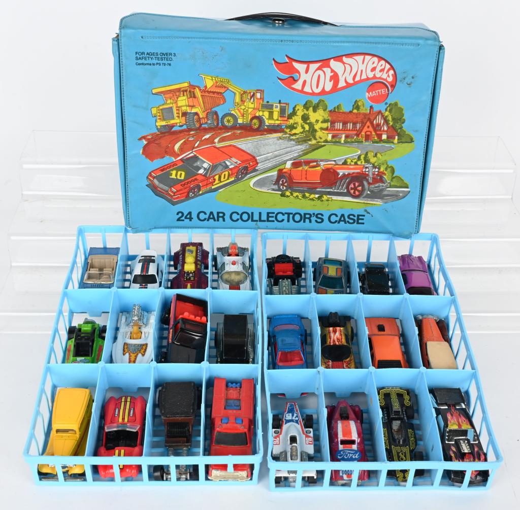 FULL COLLECTORS CASE OF 24 VINTAGE HOT WHEELS CARS: Full collectors case of 24 vintage Hot Wheels cars. Cars are in decent as found condition.