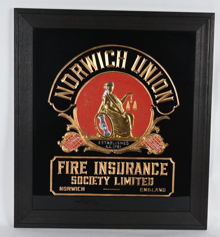 VINTAGE NORWICH UNION FIRE INSURANCE FRAMED SIGN (1 of 3)