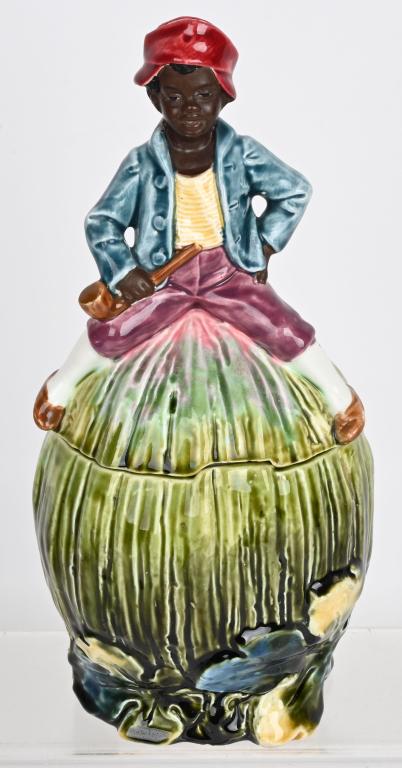 MAJOLICA BLACK AMERICANA FIGURAL TOBACCO HUMIDOR (1 of 3)