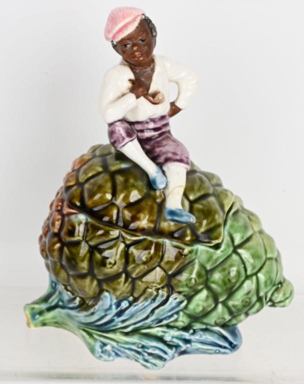 MAJOLICA BLACK AMERICANA FIGURAL TOBACCO HUMIDOR (1 of 3)