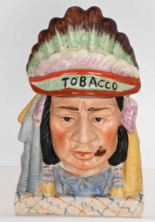 MAJOLICA INDIAN CHIEF FIGURAL TOBACCO HUMIDOR (1 of 4)