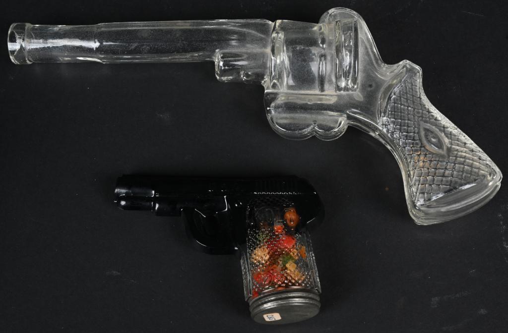 2- PISTOL GLASS CANDY CONTAINERS: Pair of Pistol Glass Candy Containers. Largest 10" Excellent