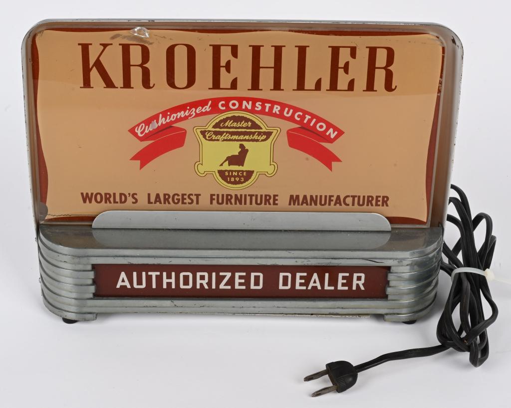 Kroehler Furniture Pri-Bro Lightup Sign: All original with nice colors. Has great Art Deco look. Has small chip in glass near top that really doesn't take from the piece. Cord is detached. 12"x9" Excellent