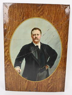 COLLIER'S TEDDY ROOSEVELT TIN SIGN: Teddy Roosevelt tin Sign. Was made from the famous John Sargent painting. These were given out compliments of Collier's/ All original with some lines of loss. 19"x13" Very Good