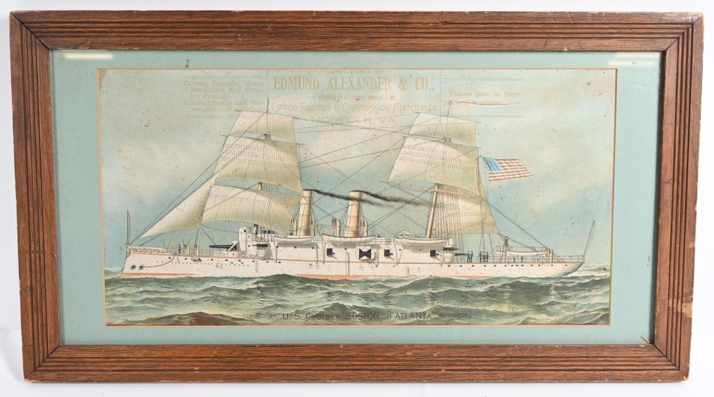 ALEXANDER COTTON MERCHANT SHIP ADVERTISING LITHO: Edmund Alexander & Co Cotton Merchant Advertising Litho featuring US Cruiser "Boston or Atlanta". Great looking early War Ship graphics. The Merchant was out of Norfolk, Virginia. Framed 26 1/2" x 14