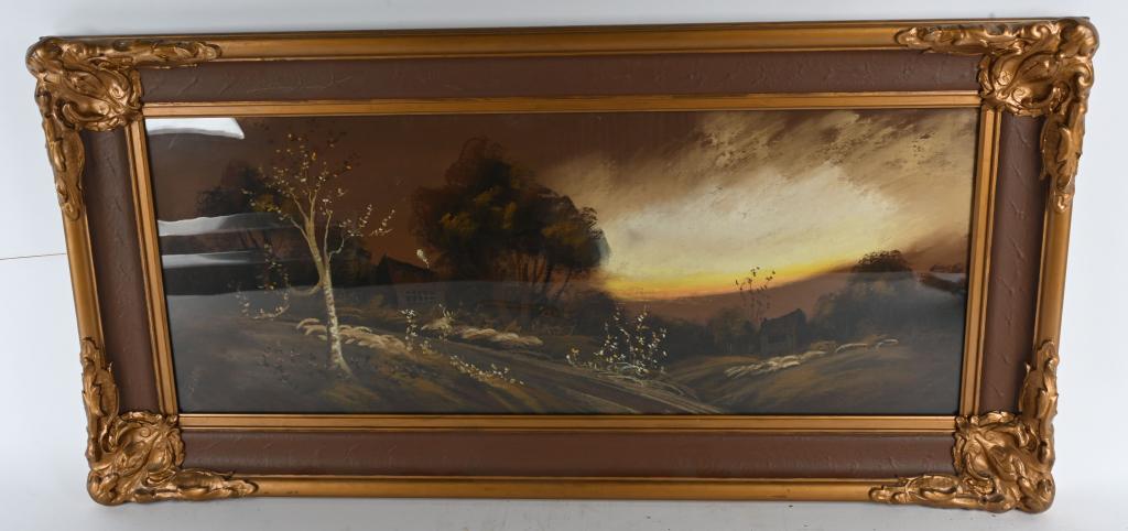SUNSET LANDSCAPE DONE IN PASTEL: Artist unknown Pastel on paper Sunset Landscape. Signed lower right possibly Feller? Framed 36"x18"