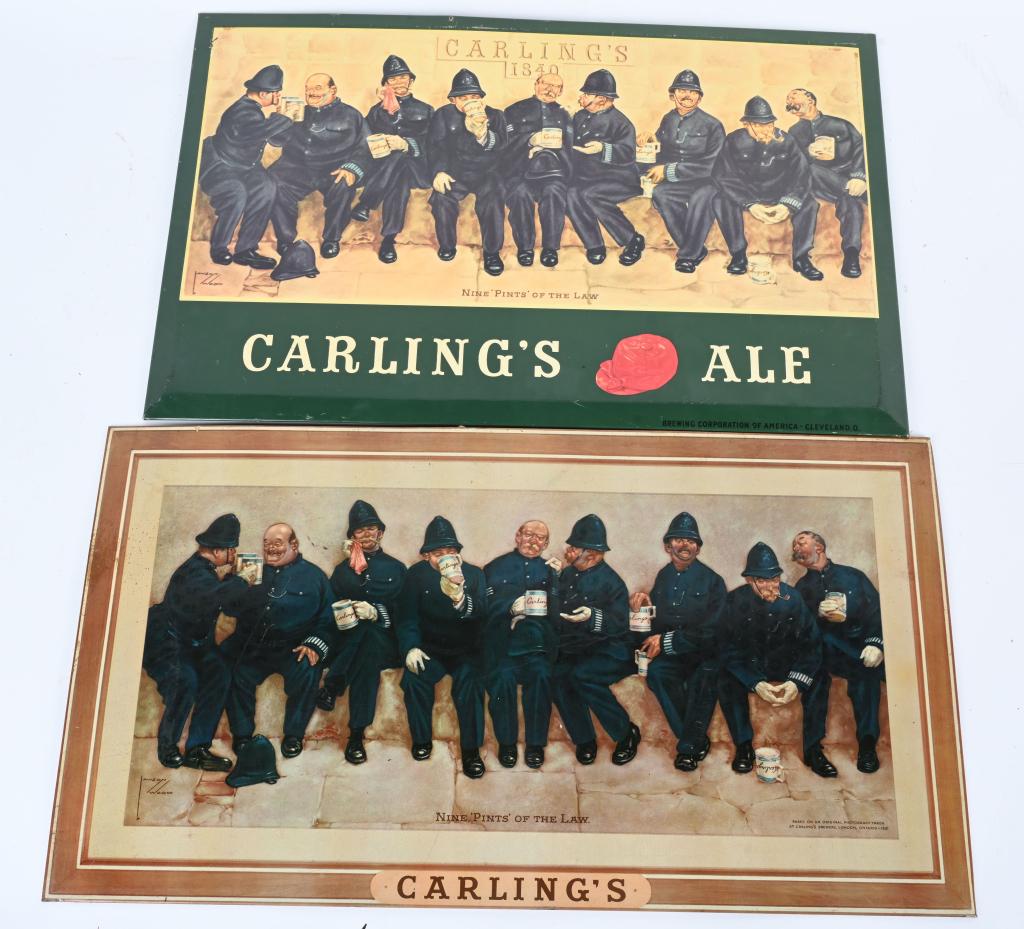 2- VINTAGE CARLINGS ALE TIN ADVERTISING SIGNS (1 of 4)
