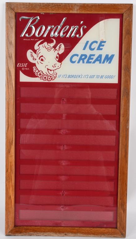 VINTAGE BORDEN'S ICE CREAM ADVERTISING BOARD: Wood framed board with glass front for listing available ice cream flavors. 13 1/2" by 25 1/2". Very Good