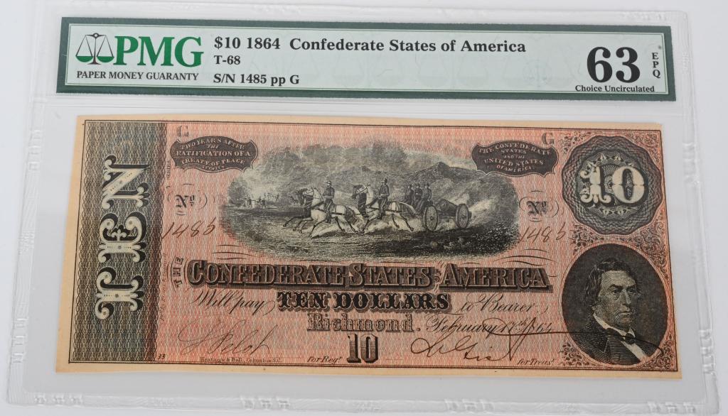 $10 1864 CONFEDERATE NOTE PMG 63 CHOICE UNC. (1 of 3)