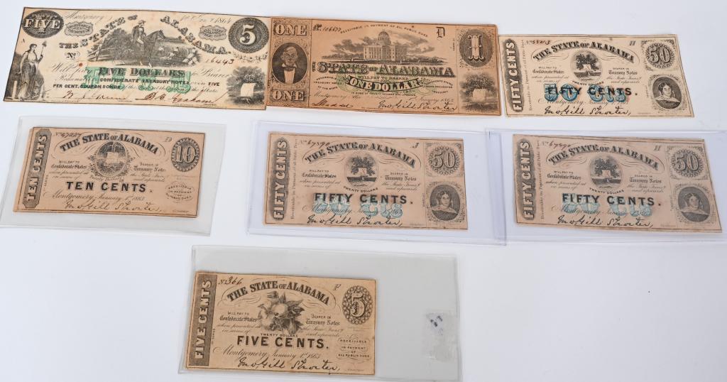 7- CIVIL WAR ERA STATE OF ALABAMA NOTES: Lot includes 5 cent, 10 cent, 3- 50 cents, $1.00 and $5.00. Condition varies, Ungraded