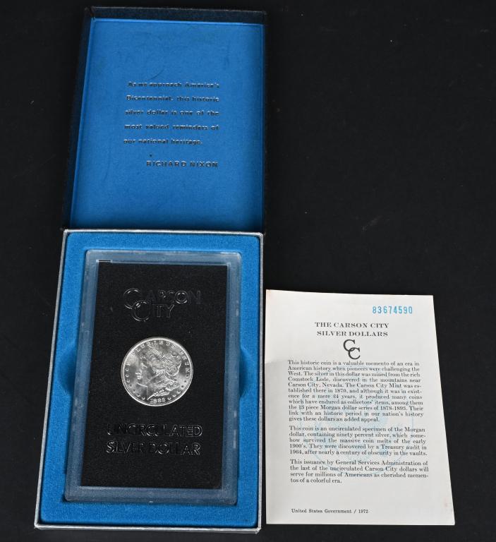 1883 CC CARSON CITY GSA HOARD SILVER DOLLAR: 1883 CC Carson City Silver Morgan Silver Dollar in GSA Hoard original box and papers