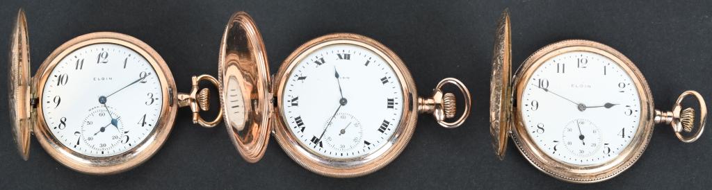 3- ELGIN 12S, 7J POCKET WATCHES, w/ HUNTERS CASES (1 of 7)