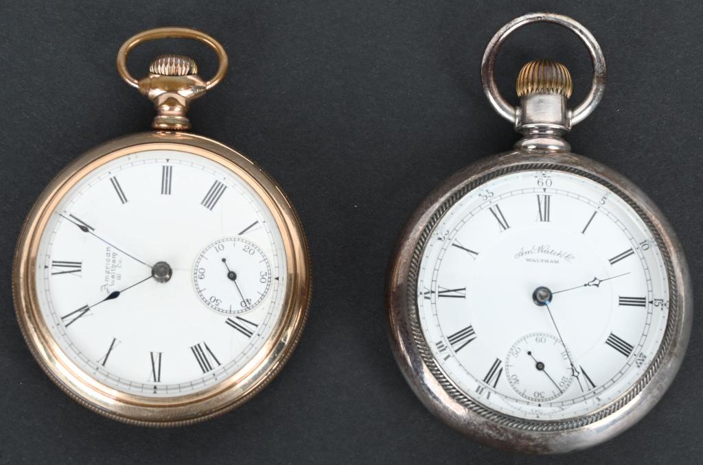 2- WALTHAM 18S POCKET WATCHES: Nice pair of American Watch Co. Waltham pocket watches that both worked when tested. One has a gold filled case and the other is nickel plated. The backs have not been removed. Excellent