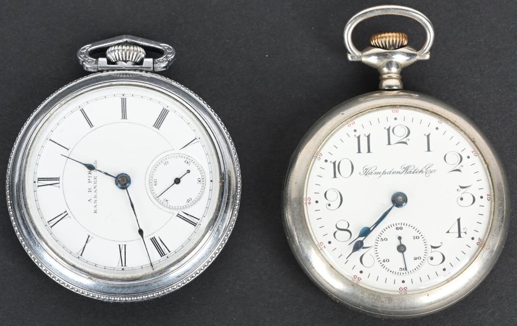 2- POCKET WATCHES AURORA 18S & HAMPDEN 16S: Lot includes a 18s Aurora A.H. Pike pocket watch in a Illinois watch co Spartan case, along with a Hampden 16s pocket watch in nickel case. The back has not been off the Hampden. Both worked when test